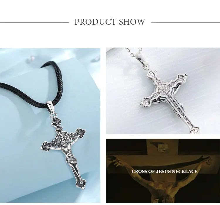 Eudora 925 Sterling Silver Jesus Necklace St. Benedict's Cross Vintage Amulet Pendant Religious Jewelry Gift for Men Women