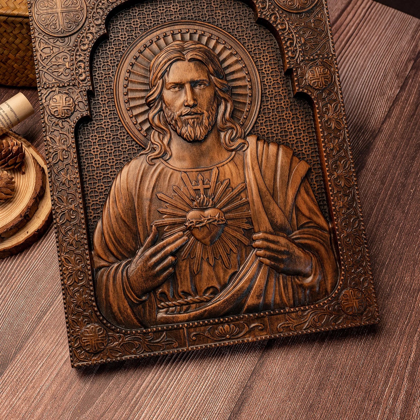 Sacred Heart of Jesus Catholic Jesus Statue Religious Wooden Plaque Wall Hanging Church Room Home and Decoration Christmas Gift