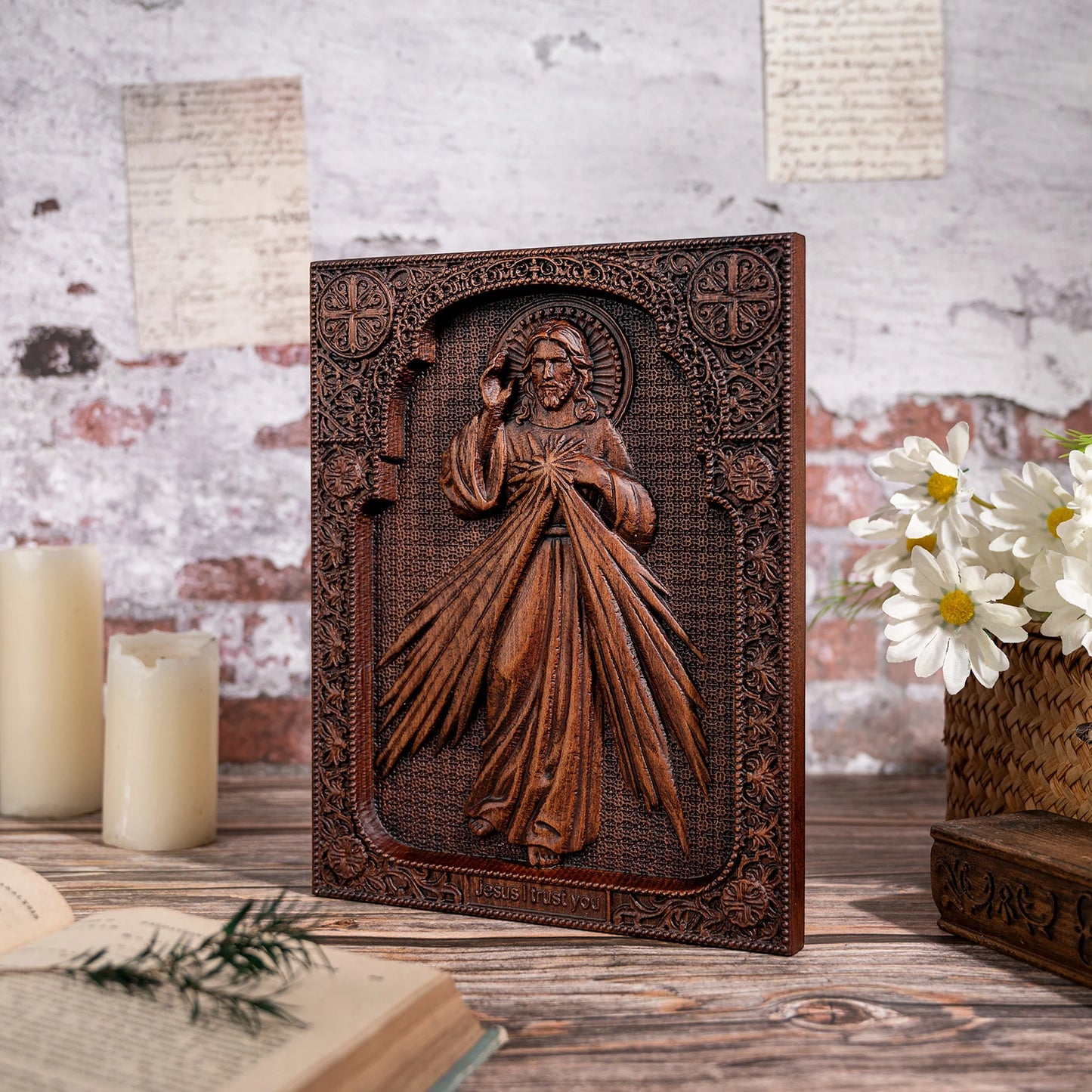 The Sacred Heart and Divine Mercy Jesus Christ Wood Wall Plaque, Catholic Family Prayer, Jesus Image, Religious Item