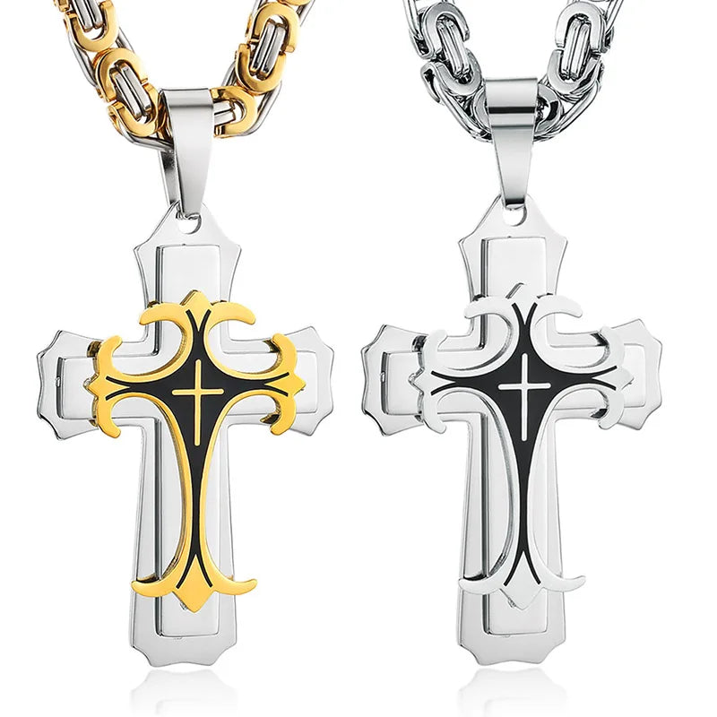 Christian Trinity Latin Cross Necklace for Men Stainless Steel Three Layers Cross Pendants Necklaces Jewelry Gift