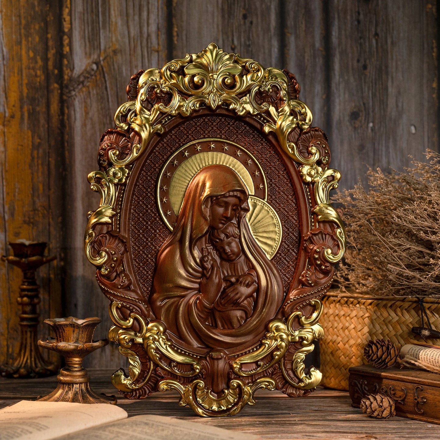 Virgin Mary and Baby Jesus Wood Carving, Catholic Religious Home Hanging Decoration, Christian Saints Gift