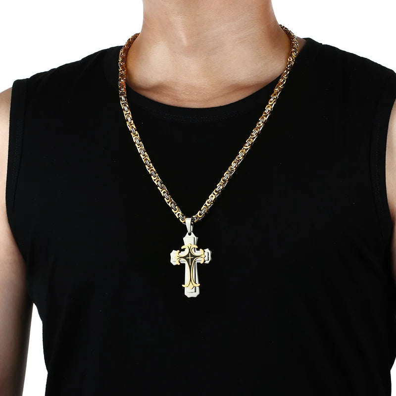 Christian Trinity Latin Cross Necklace for Men Stainless Steel Three Layers Cross Pendants Necklaces Jewelry Gift