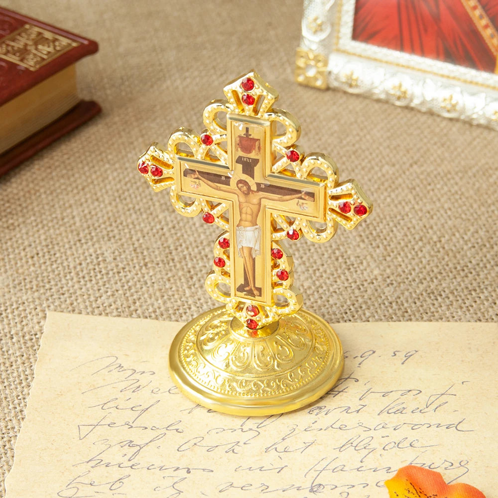 2024 New Church Supplier Metal Jesus Icon Crucifix Orthodox Table Cross With Stand For Prayers Jerusalem Home Decor