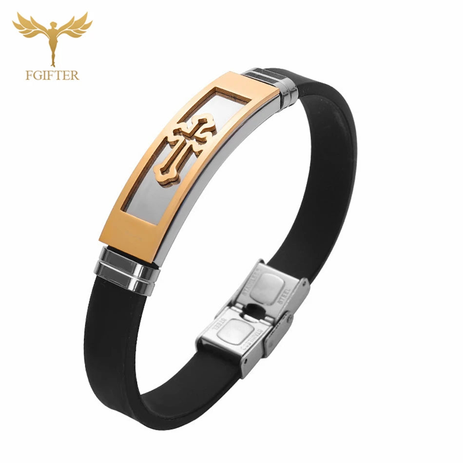 Stainless Steel Cross Bracelets Bangles Black Soft Silicone Wristband Buckle Bracelet Women Men Christianity Jewelry Pulseras