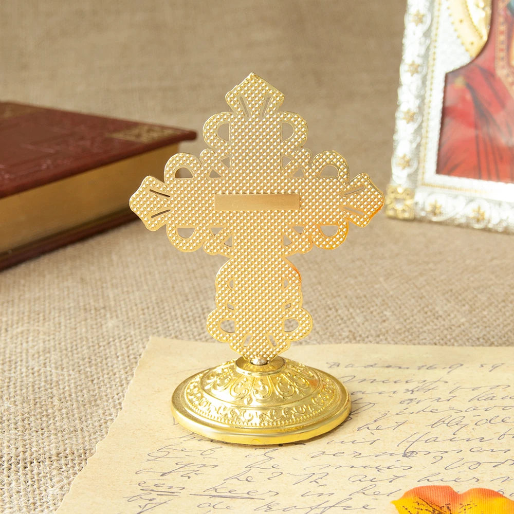 2024 New Church Supplier Metal Jesus Icon Crucifix Orthodox Table Cross With Stand For Prayers Jerusalem Home Decor