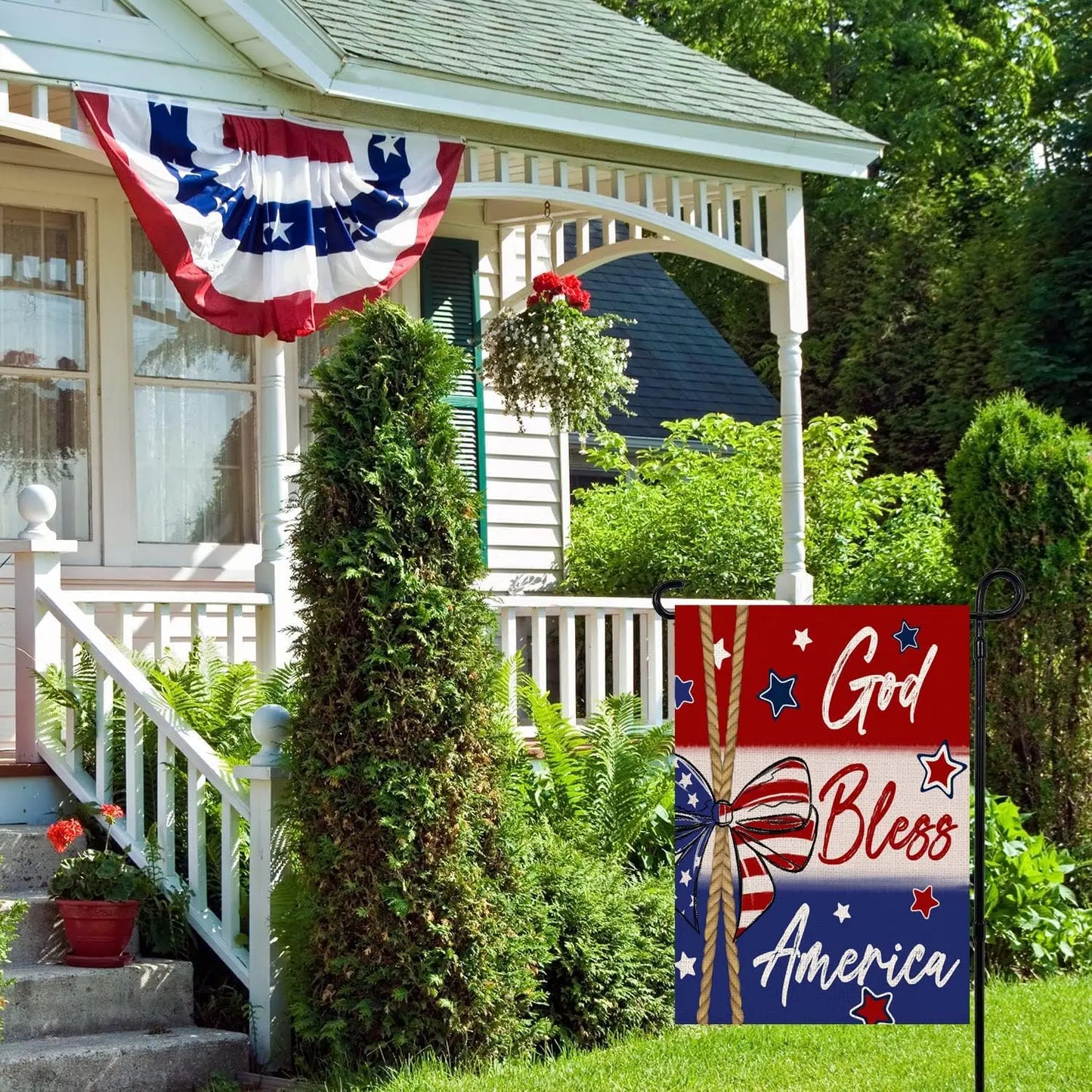 Patriotic God Bless America 4th of July Garden Flag 12 x 18 Inch Vertical Double Sided Blue Red Star Stripes Bowknot Independenc