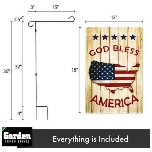 Garden Flag Stand Black 36x16IN & Garden Flag God Bless America Flag Map 12x18IN