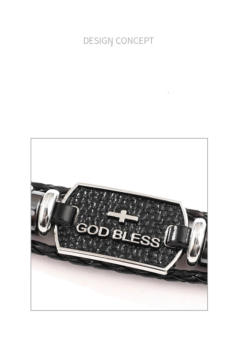 God Bless Bible Cross Bracelets,Vintage Braided Leather Bangles,Men Letter Religious Jewelry