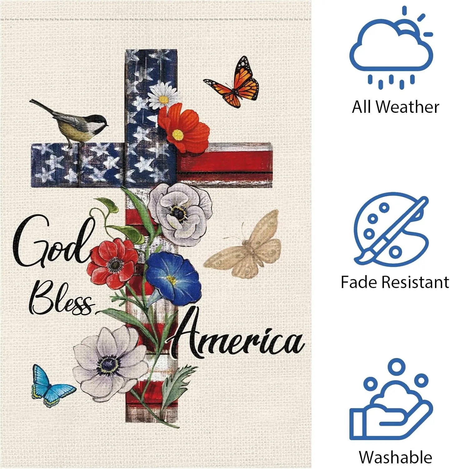 God Bless America 4th of July Garden Flag 12x18 Inch Double Sided, Patriotic Memorial Day Religious Cross Garden Flags Independe