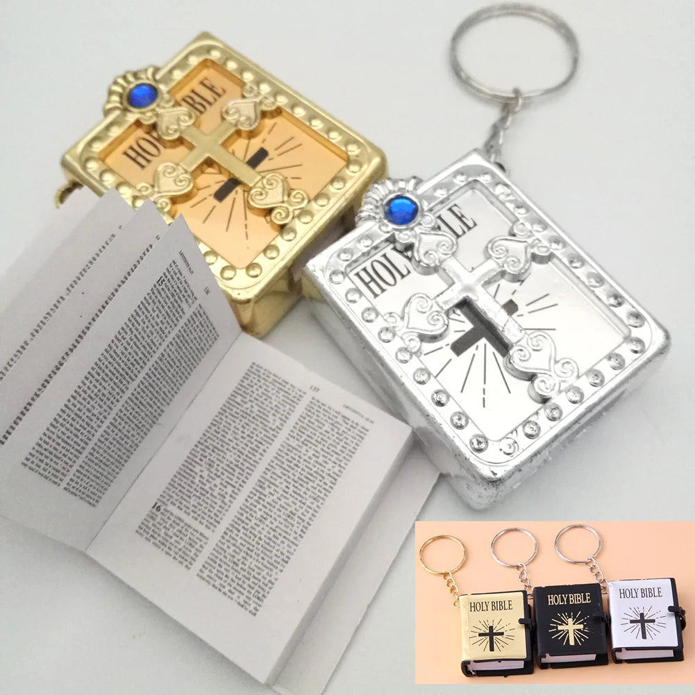 New 1PC Mini English HOLY BIBLE Keychain Christian Jesus Cross Muslim Keyrings Real Paper Can Read Prayer God Bless Key Holder