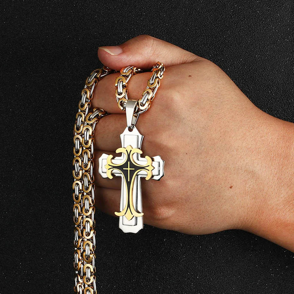 Christian Trinity Latin Cross Necklace for Men Stainless Steel Three Layers Cross Pendants Necklaces Jewelry Gift