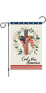 Heyfibro God Bless America 4th of July Garden Flag 12x18 Inch Double Sided, Patriotic Religious Cross Yard Flags Independence Da