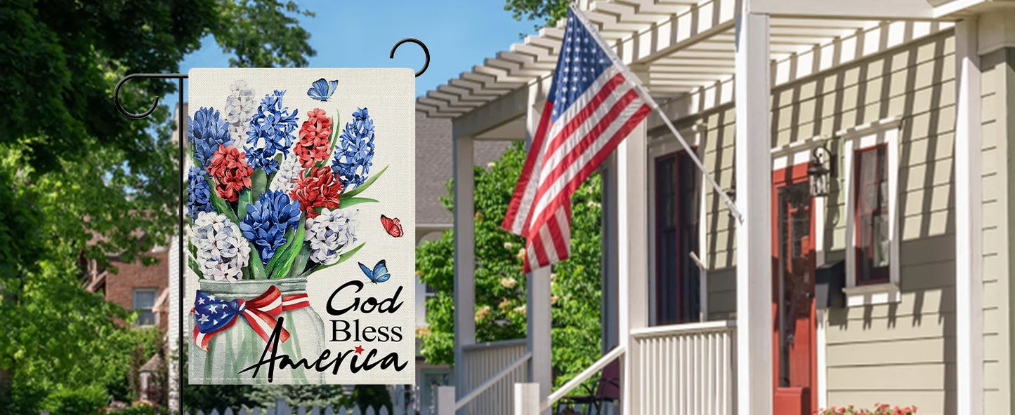 Dyrenson God Bless America 4th of July Patriotic Decorative Garden Flag, American Hyacinth Floral Flower Mason Jar Yard Outside