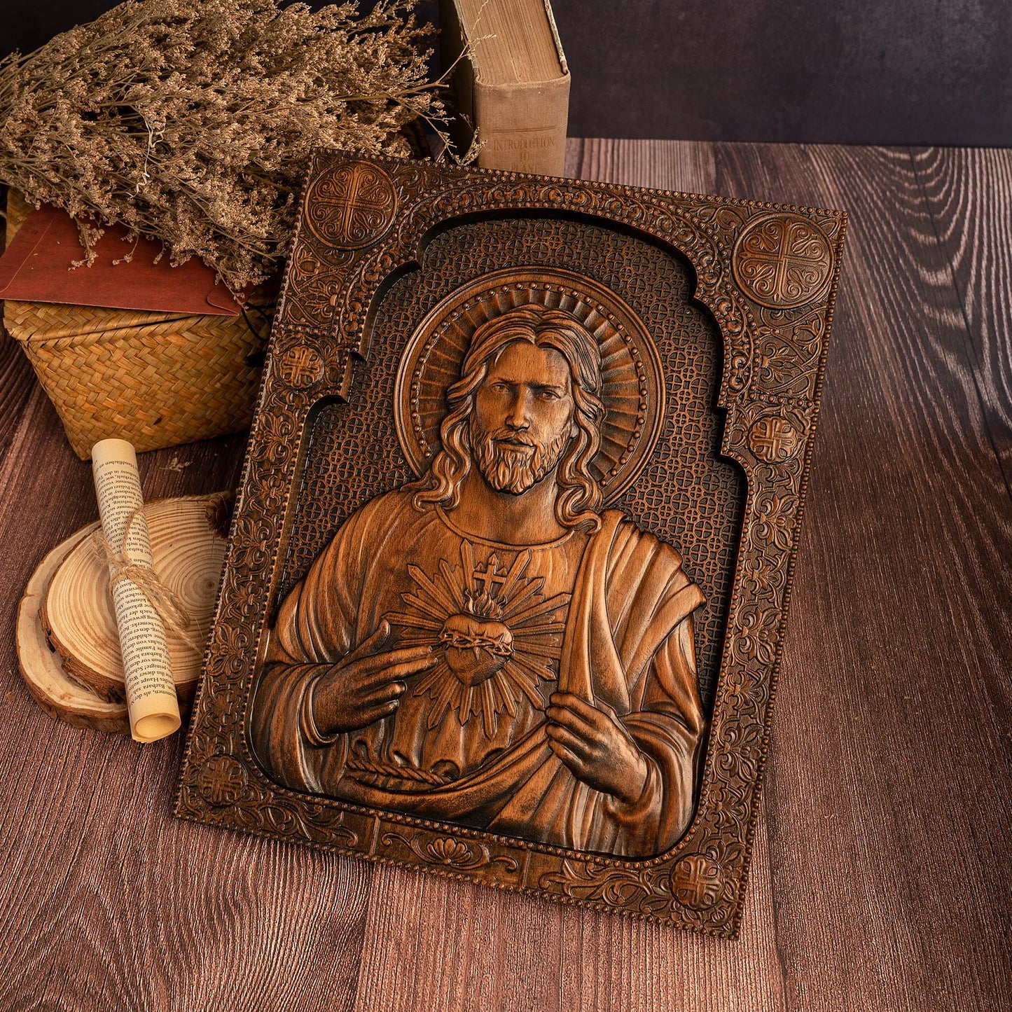 Sacred Heart of Jesus Catholic Jesus Statue Religious Wooden Plaque Wall Hanging Church Room Home and Decoration Christmas Gift