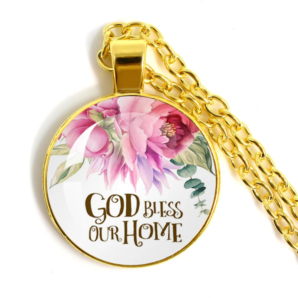 God Bless Our Home Bible Verse Quote Necklace Glass Jewelry Christian Jewelry Pendant Men And Women Gift