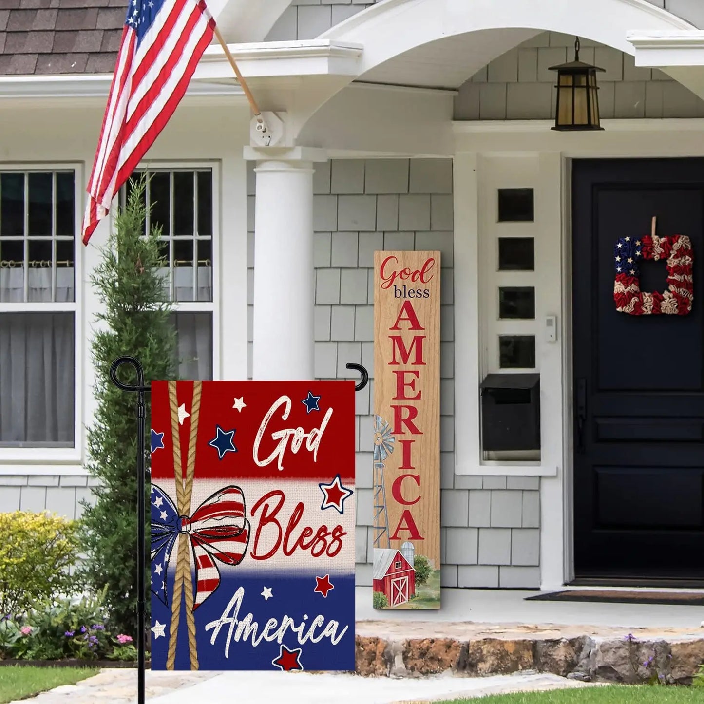 Patriotic God Bless America 4th of July Garden Flag 12 x 18 Inch Vertical Double Sided Blue Red Star Stripes Bowknot Independenc