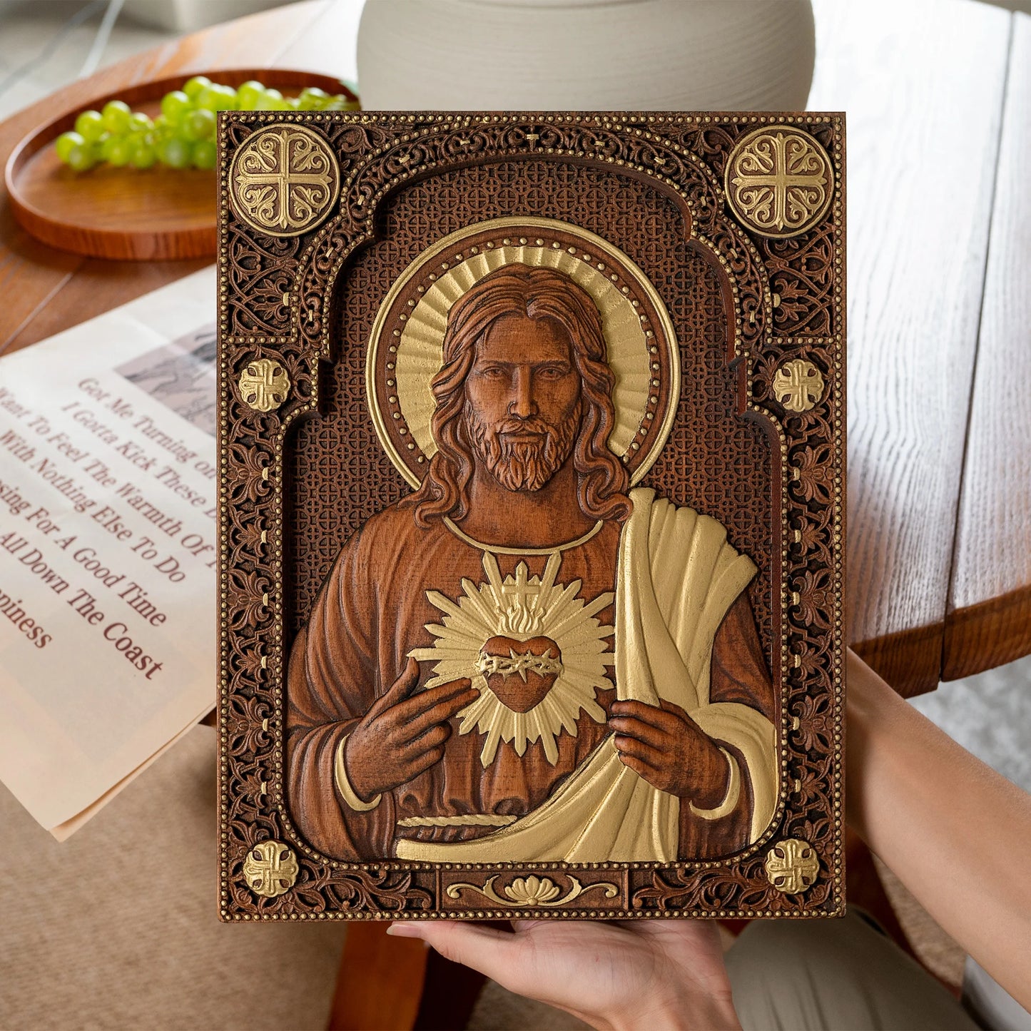 Sacred Heart of Jesus Catholic Jesus Statue Religious Wooden Plaque Wall Hanging Church Room Home and Decoration Christmas Gift