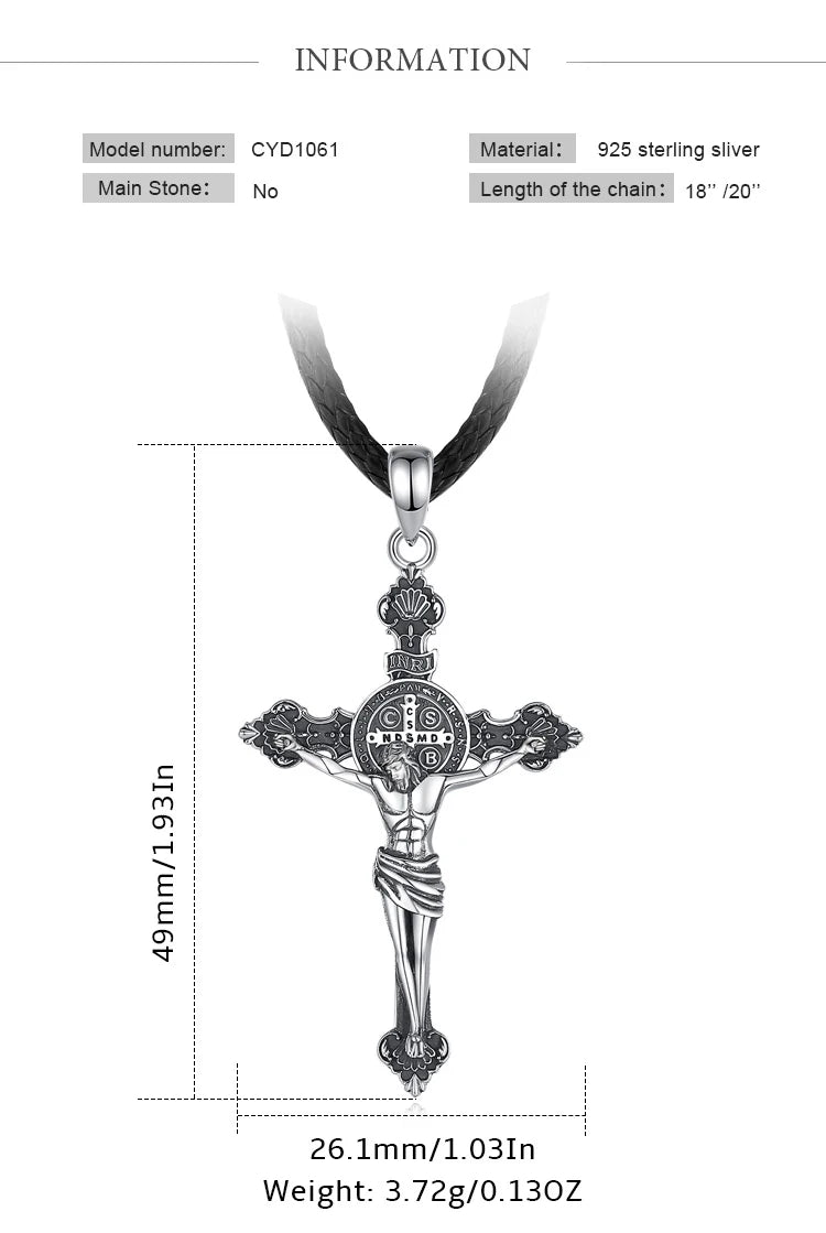 Eudora 925 Sterling Silver Jesus Necklace St. Benedict's Cross Vintage Amulet Pendant Religious Jewelry Gift for Men Women