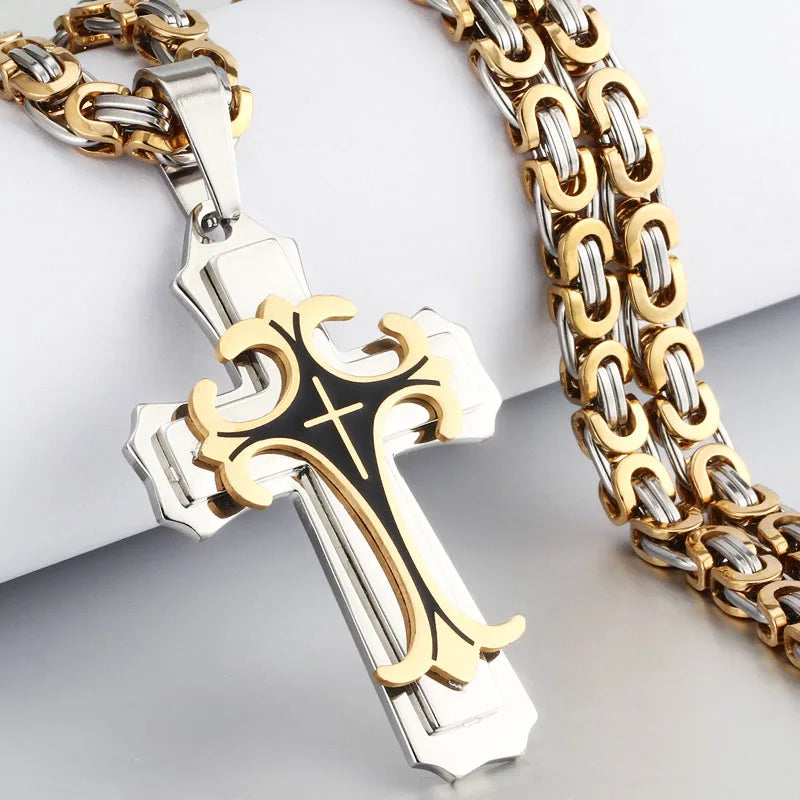 Christian Trinity Latin Cross Necklace for Men Stainless Steel Three Layers Cross Pendants Necklaces Jewelry Gift