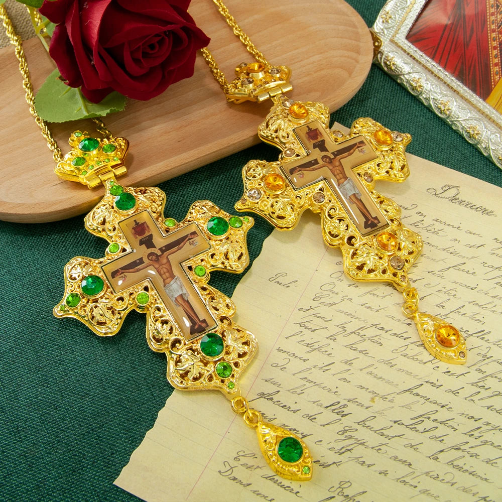 Greek Gold Plated Alloy Orthodox Pendant Pectoral Cross with Jesus Icon Necklace