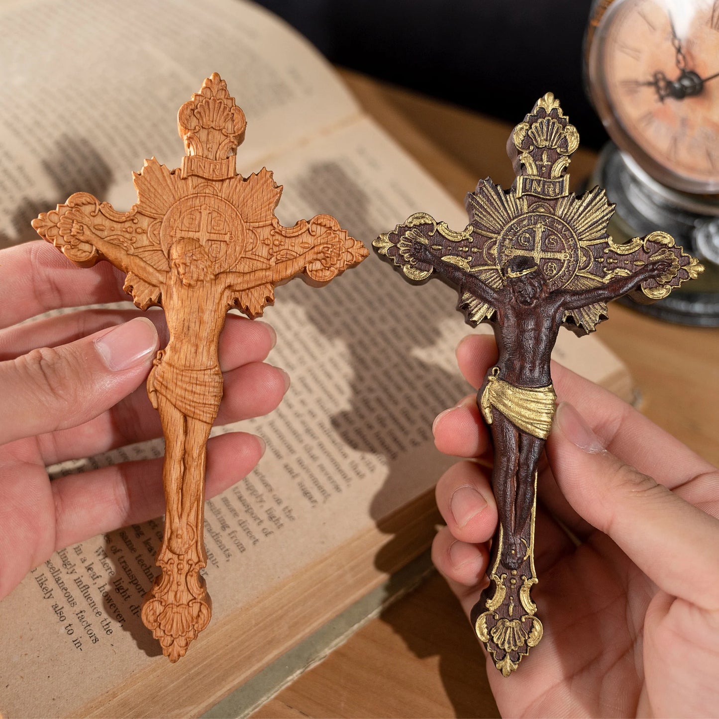 St. Benedict's exorcism cross wood carving, Catholic altar prayer, wooden cross baptismal decoration craft, religious gift