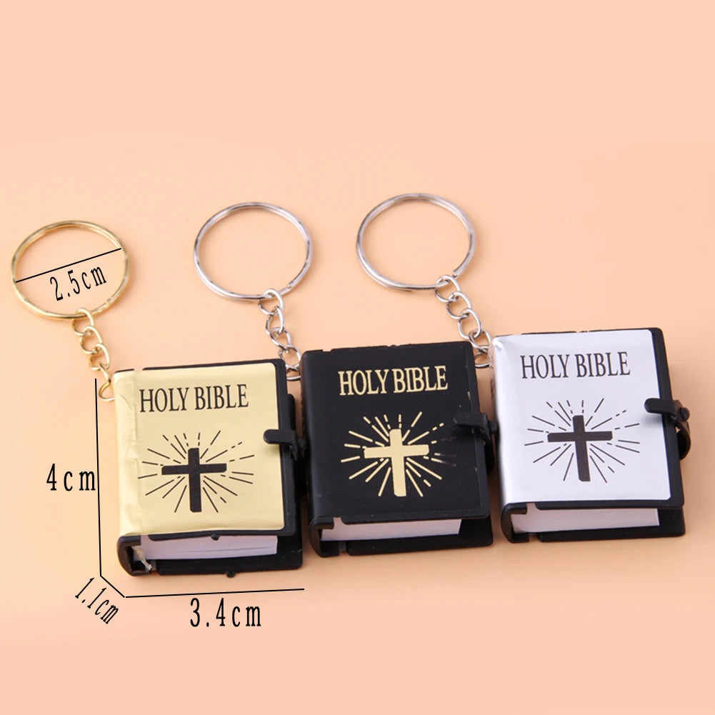 New 1PC Mini English HOLY BIBLE Keychain Christian Jesus Cross Muslim Keyrings Real Paper Can Read Prayer God Bless Key Holder