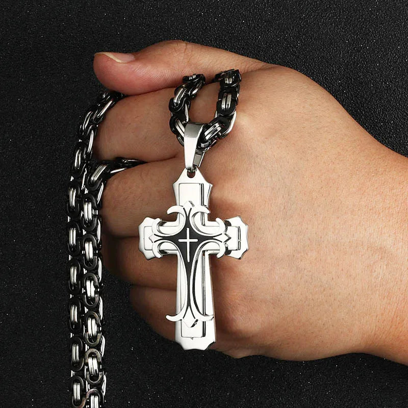 Christian Trinity Latin Cross Necklace for Men Stainless Steel Three Layers Cross Pendants Necklaces Jewelry Gift