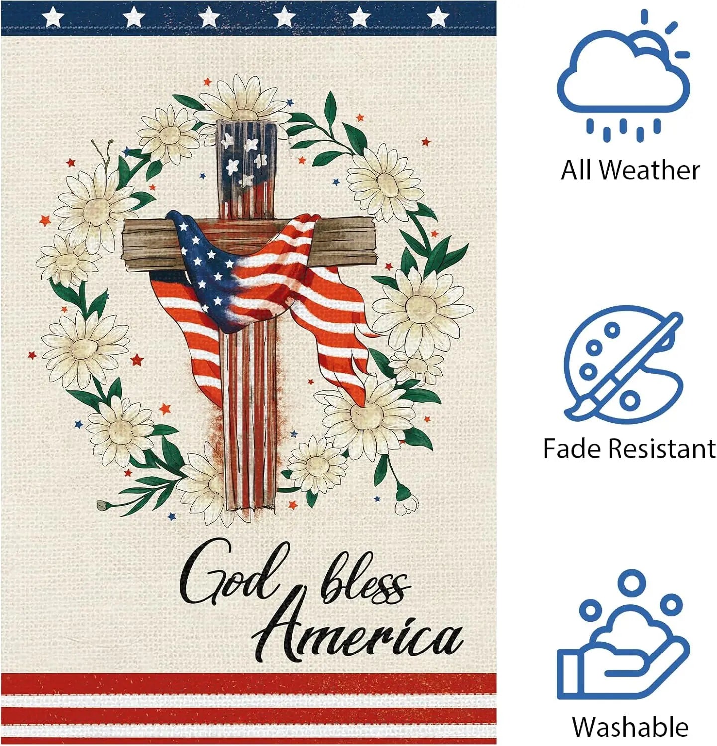 Heyfibro God Bless America 4th of July Garden Flag 12x18 Inch Double Sided, Patriotic Religious Cross Yard Flags Independence Da