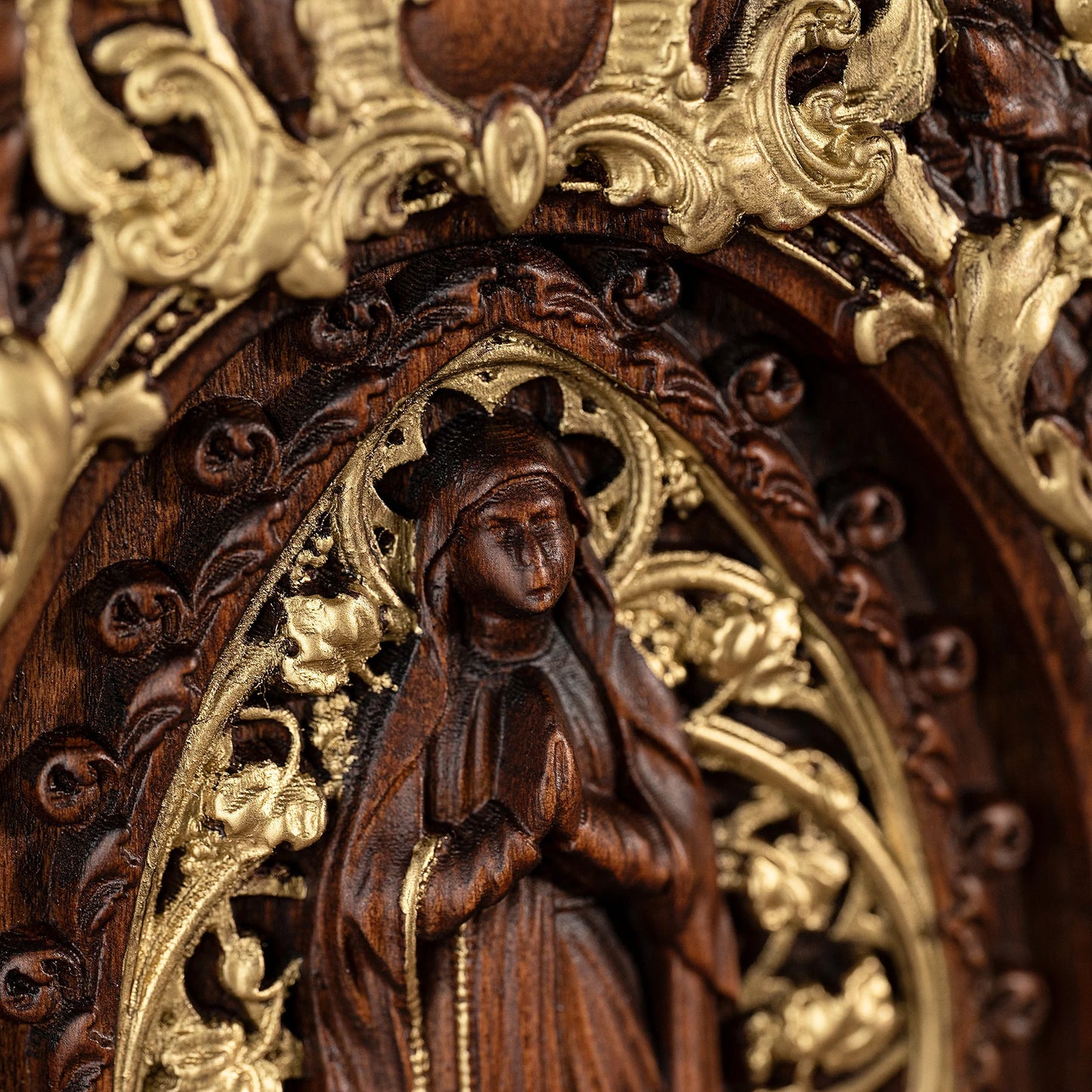 Virgin Mary wooden statue, wall decoration, Catholic prayer church, religious figure