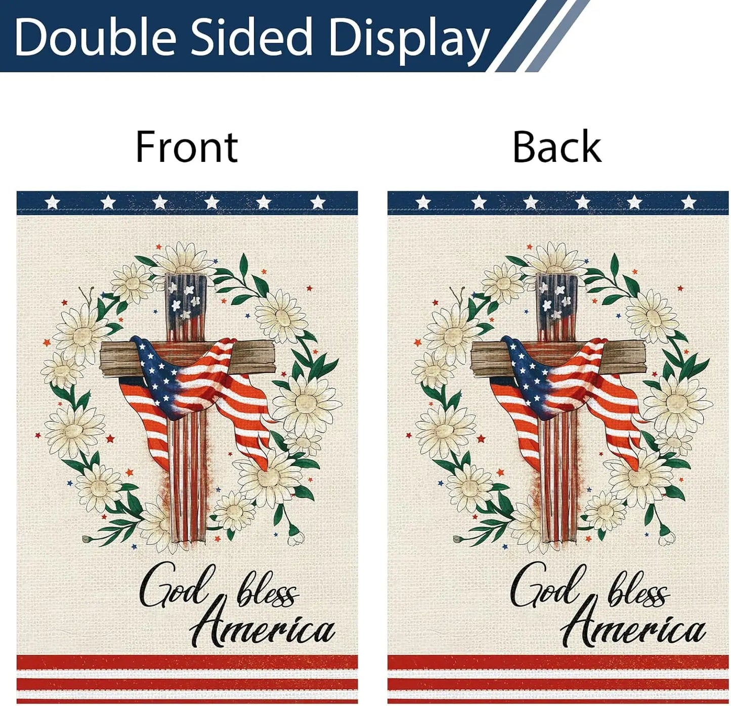 Heyfibro God Bless America 4th of July Garden Flag 12x18 Inch Double Sided, Patriotic Religious Cross Yard Flags Independence Da