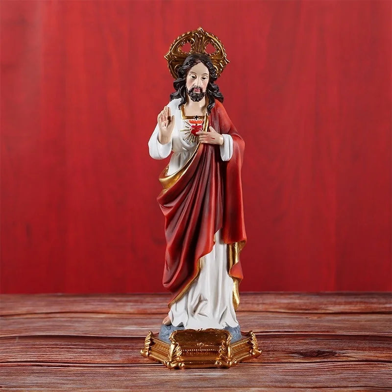 8.86in Sacred Heart of Jesus Christ Lord Catholic Religious Gift Colored Resin Gold Base Statue