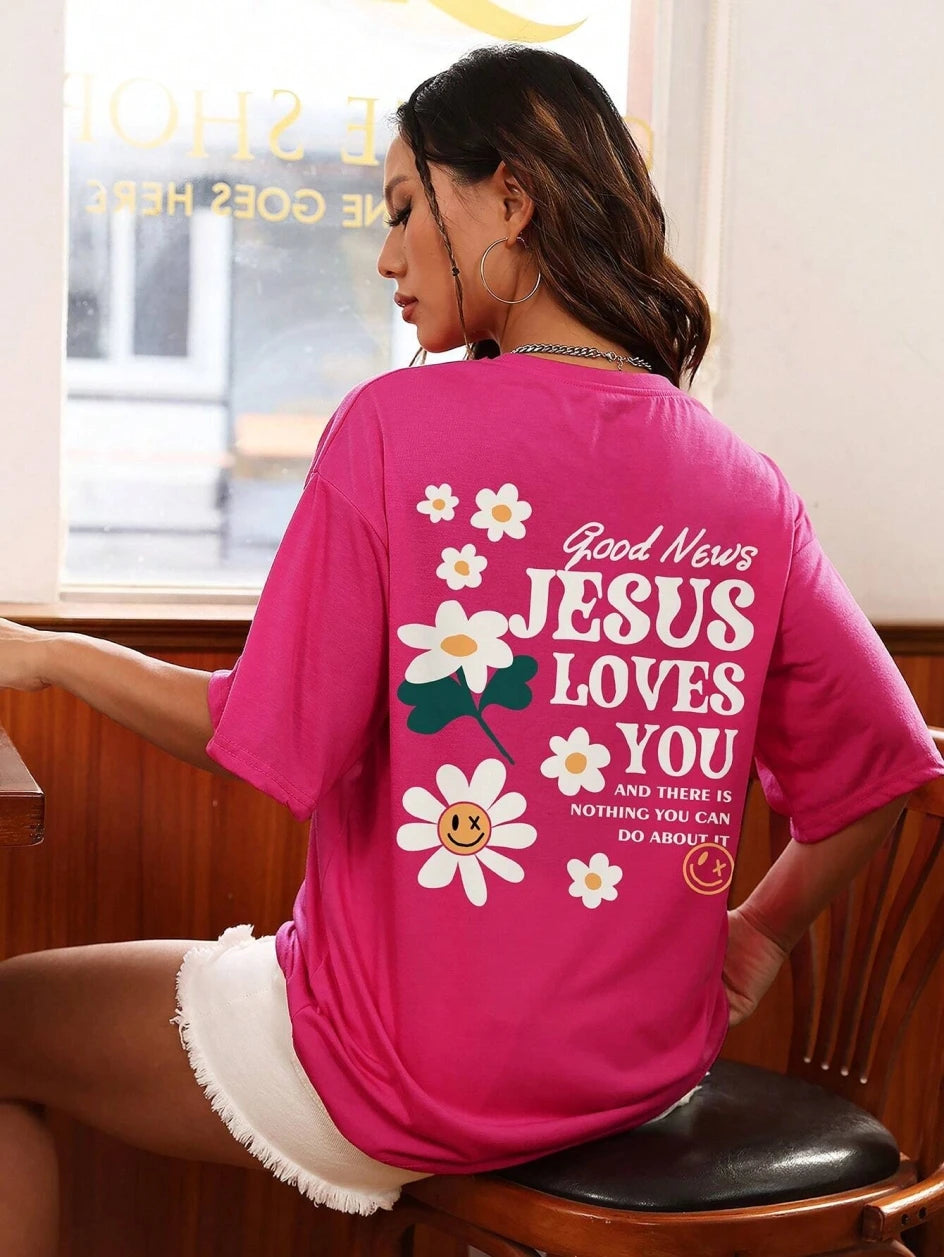 Good News Jesus Loves You Print Women T-Shirt Summer O-Neck T Shirts Basic All-Match Short Sleeve Breathable Comfortable Tops