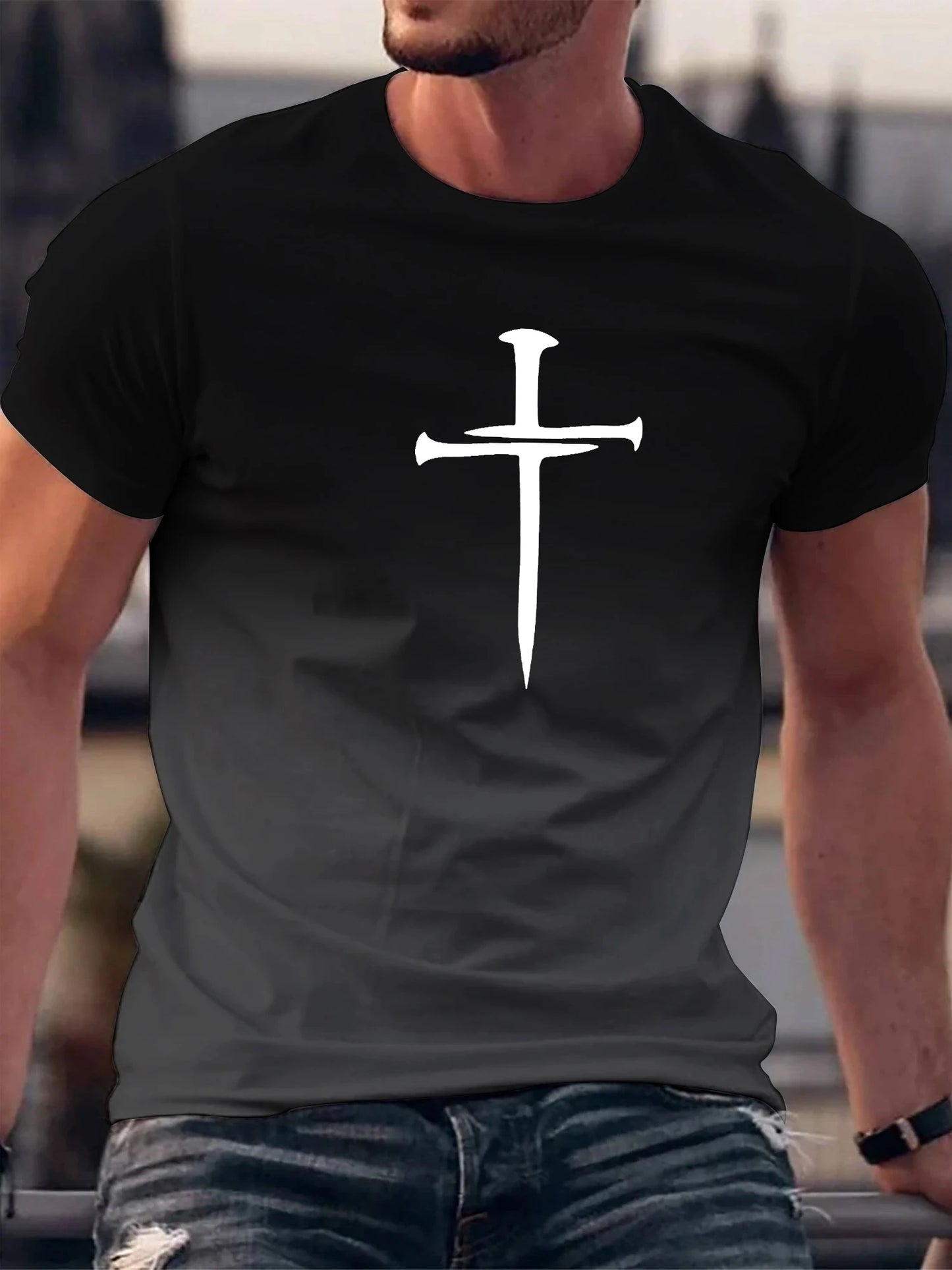 Christian Cross Pattern Print Men's Comfy O-Neck T-shirt Graphic Tee Summer Clothes Outfits  t shirts bibble