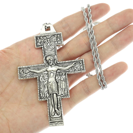 Retro Saint St Francis of Assisi Tau San Damiano Cross Necklace Catholic Crucifix Tribal Bridal Gift Punk Rock Celebrity