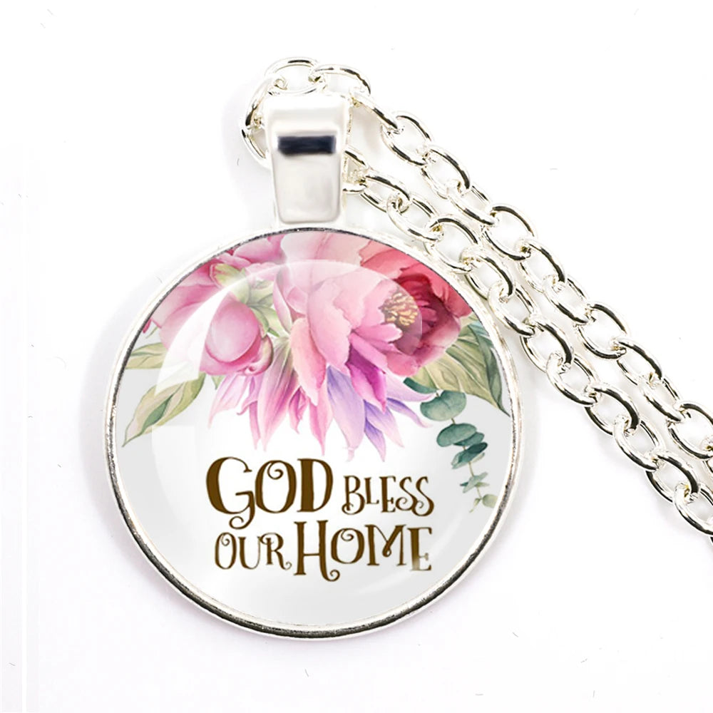 God Bless Our Home Bible Verse Quote Necklace Glass Jewelry Christian Jewelry Pendant Men And Women Gift