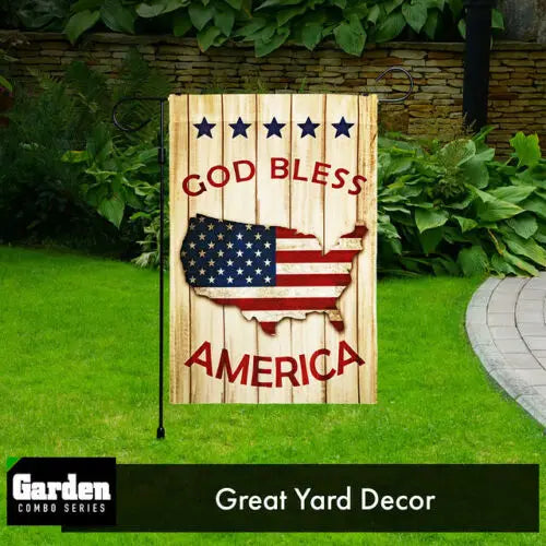 Garden Flag Stand Black 36x16IN & Garden Flag God Bless America Flag Map 12x18IN