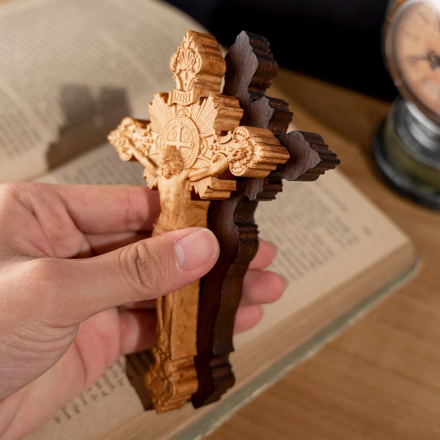 St. Benedict's exorcism cross wood carving, Catholic altar prayer, wooden cross baptismal decoration craft, religious gift