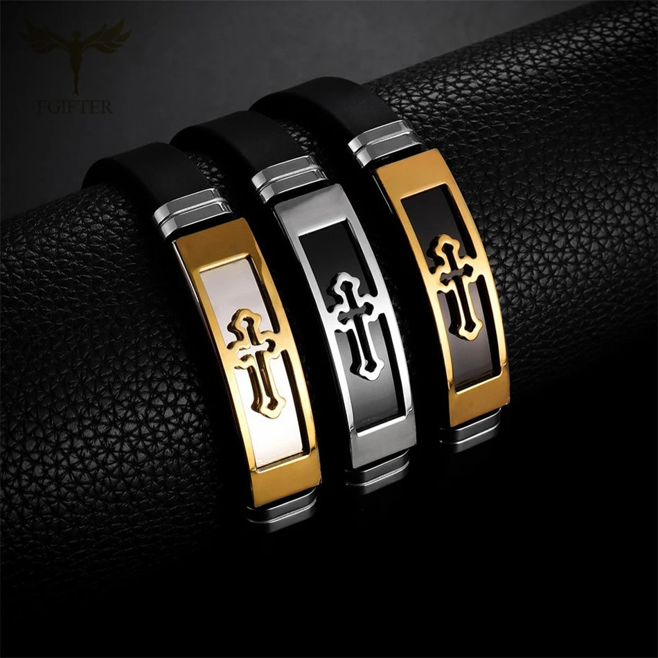 Stainless Steel Cross Bracelets Bangles Black Soft Silicone Wristband Buckle Bracelet Women Men Christianity Jewelry Pulseras