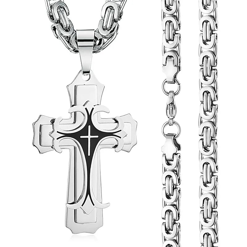 Christian Trinity Latin Cross Necklace for Men Stainless Steel Three Layers Cross Pendants Necklaces Jewelry Gift