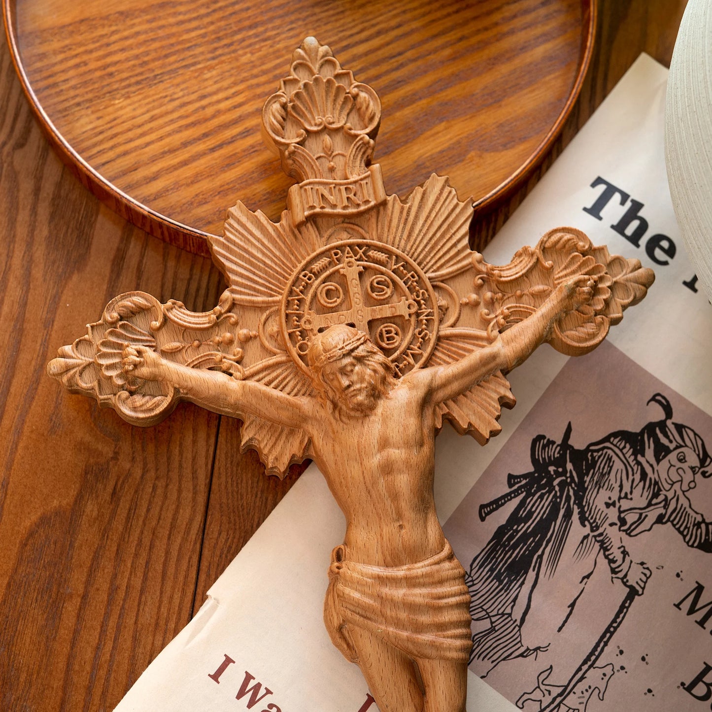 St. Benedict's exorcism cross wood carving, Catholic altar prayer, wooden cross baptismal decoration craft, religious gift