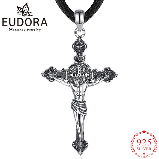 Eudora 925 Sterling Silver Jesus Necklace St. Benedict's Cross Vintage Amulet Pendant Religious Jewelry Gift for Men Women