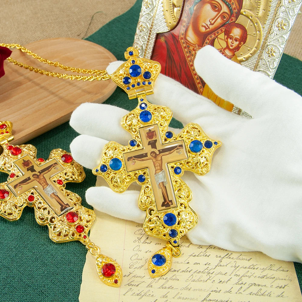 Greek Gold Plated Alloy Orthodox Pendant Pectoral Cross with Jesus Icon Necklace