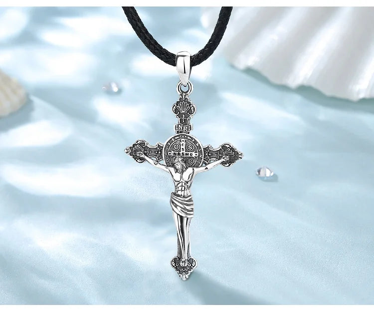 Eudora 925 Sterling Silver Jesus Necklace St. Benedict's Cross Vintage Amulet Pendant Religious Jewelry Gift for Men Women