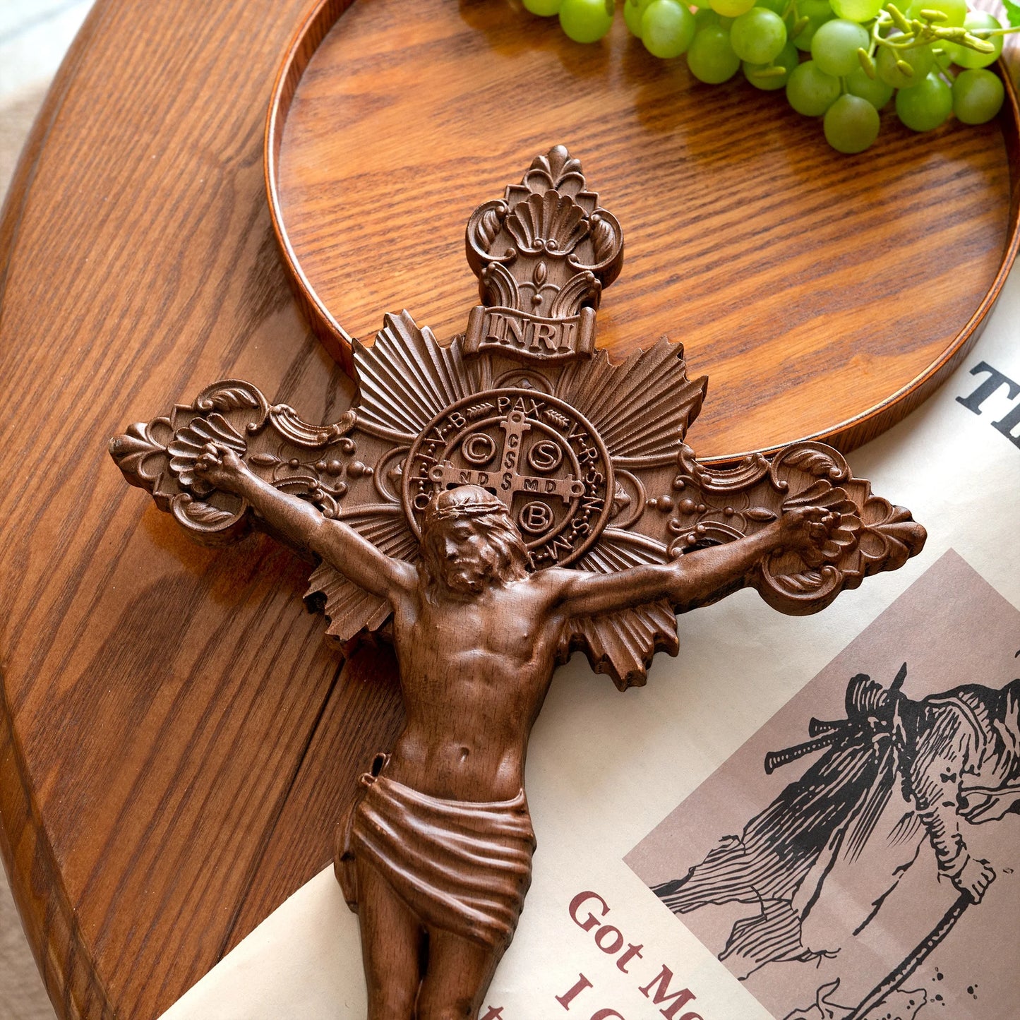 St. Benedict's exorcism cross wood carving, Catholic altar prayer, wooden cross baptismal decoration craft, religious gift