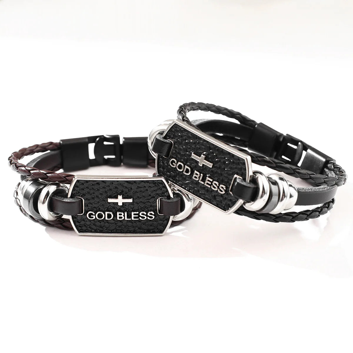 God Bless Bible Cross Bracelets,Vintage Braided Leather Bangles,Men Letter Religious Jewelry