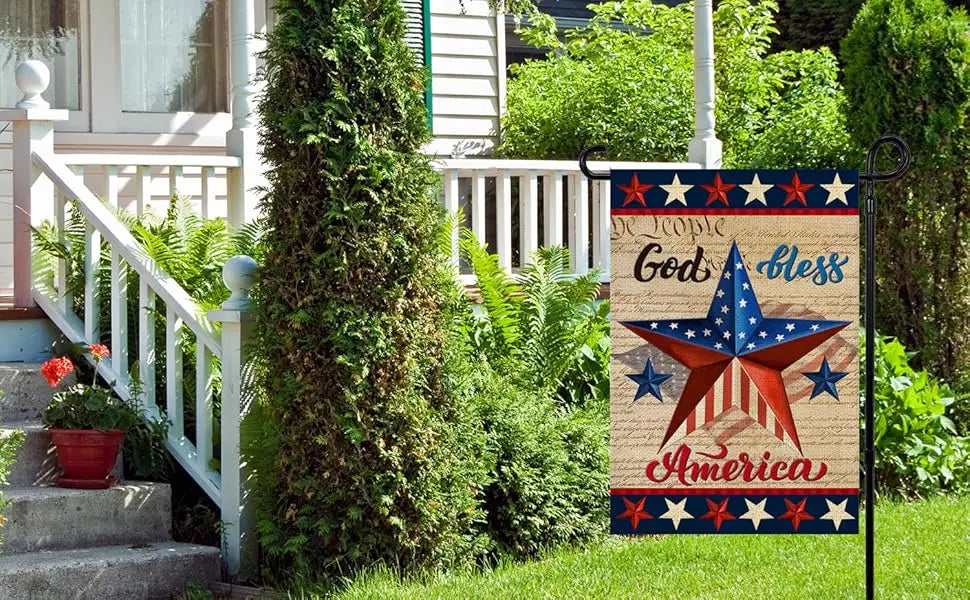 Patriotic God Bless America 4th of July Garden Flag 12 x 18 Inch Vertical Double Sided Blue Red Star Independence Day Memorial D