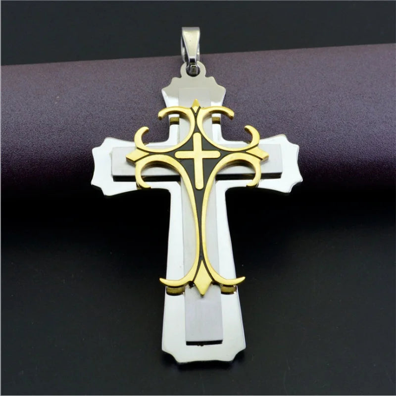 Vintage Mens Jewellery Cross Necklace for Men Christian Totem Relief Amulet Pendant Handsome Stainless Steel Necklace Punk Party