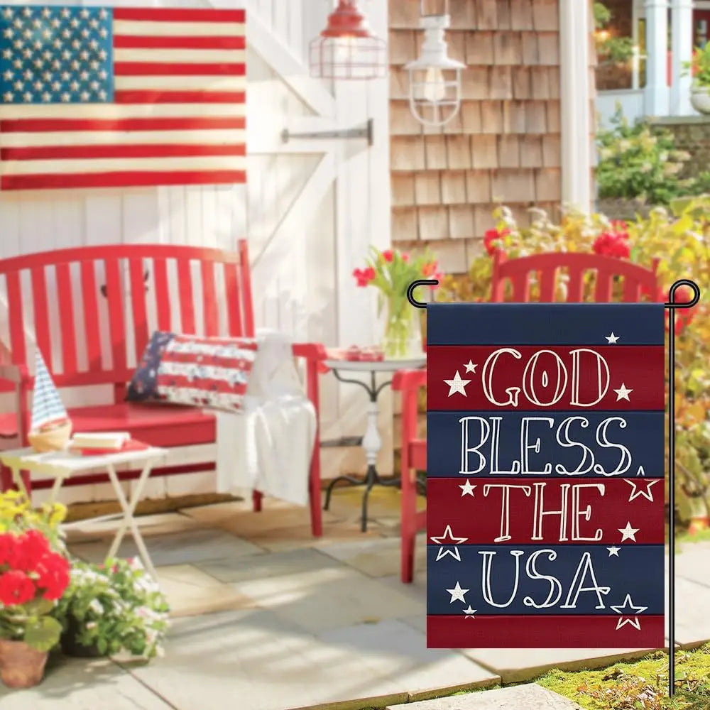 4th of July Patriotic Garden Flags for Outside 12x18 Double Sided, American Stars and Stripes Memorial Day God Bless The USA Sig