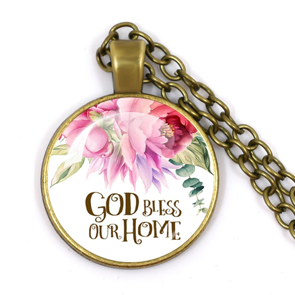 God Bless Our Home Bible Verse Quote Necklace Glass Jewelry Christian Jewelry Pendant Men And Women Gift