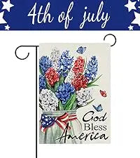 Dyrenson God Bless America 4th of July Patriotic Decorative Garden Flag, American Hyacinth Floral Flower Mason Jar Yard Outside